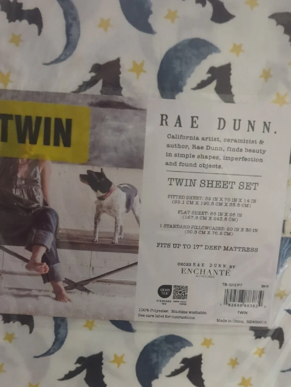 Rae Dunn Spooky Sheet Set - White with Moon & Bat Print